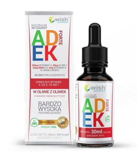 Witamina ADEK (Complex A, D3, E, K2 MK-7) w Kroplach, 30ml, wege, Wish