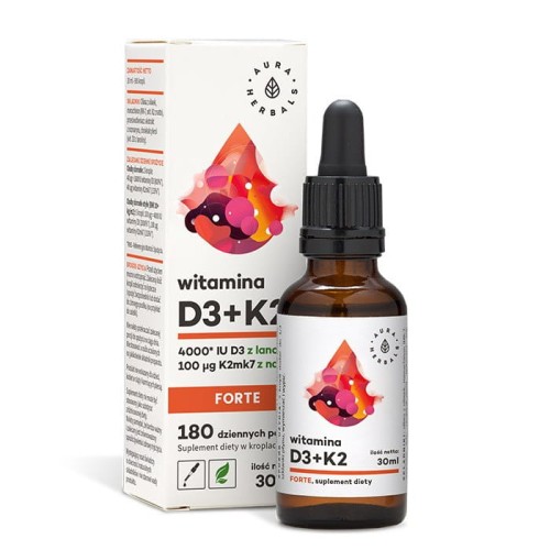 Witamina D3 4000 IU + K2MK7 FORTE w kroplach, 30 ml, Aura Herbals