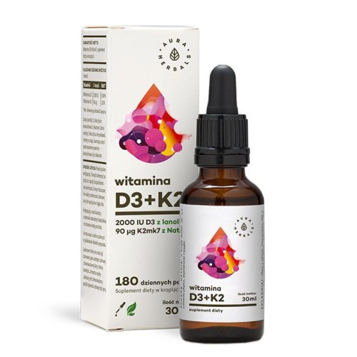 Witamina K2 (90 mcg) i D3 (2000 IU) w kroplach, Aura Herbals, 30 ml