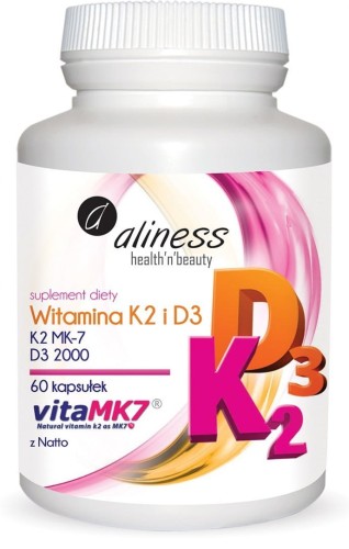 Witamina K2 100 mcg z Natto + wit. D3 2000 IU, 60 kapsułek, Aliness